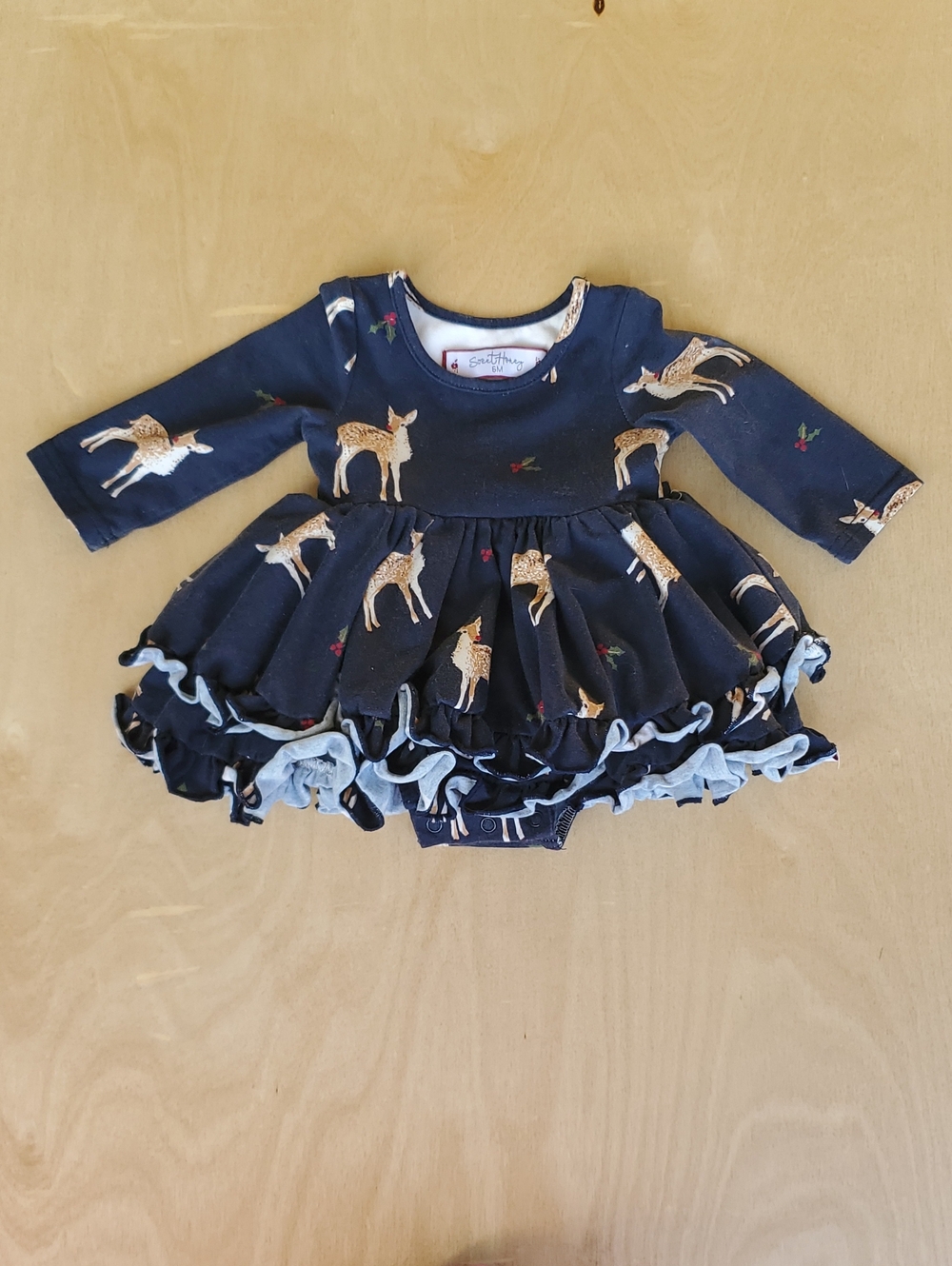 Sweet Honey Navy Winter Deer Christmas Ruffle Romper Dress Size 6m